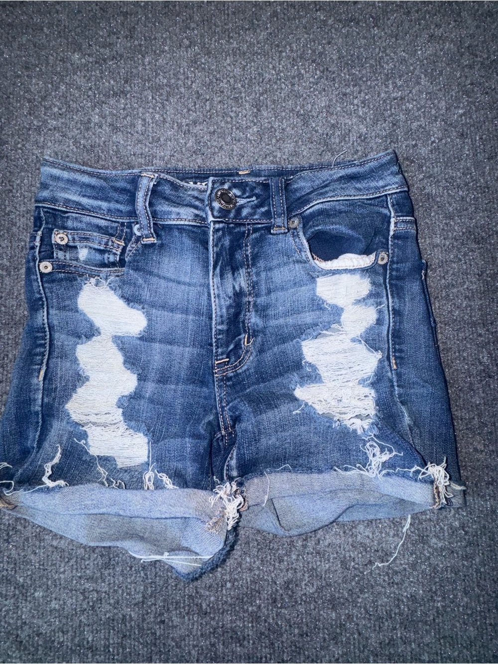 American Eagle Outfitters Dark Blue Distressed High-Waist Denim Shorts